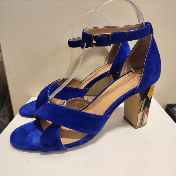 Anthropologie Royal Blue Suede Ankle Strap Colorblock Heel Sandals Sz.9 Ret.$175 - Picture 1 of 8